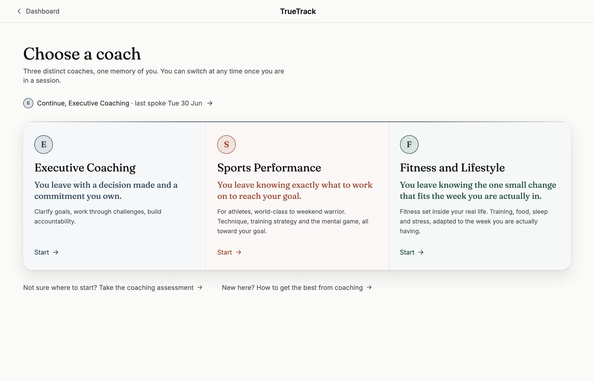 Choose a coach: Executive, Fitness and Lifestyle, and Sports Psychology, shown as three equal cards over one memory of you.